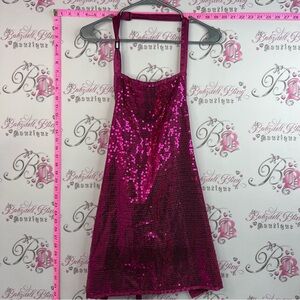 Apron cooking craft shiny sparkly embroidery Fuchsia Sequin Halter Mini Dress